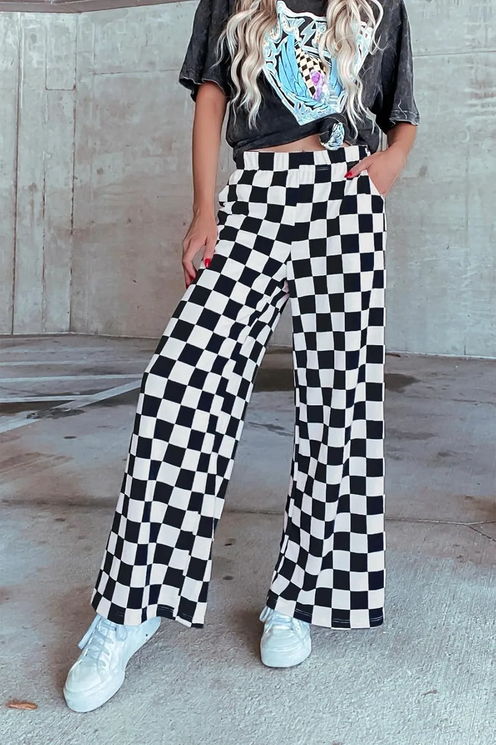Lesore Womens Casual 2-Tone Checkered Print Pants Elastic High Waist Wide Leg Pants Lounge with Pockets