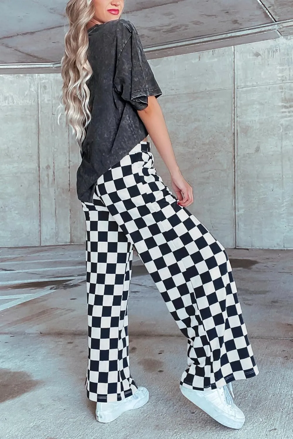 Lesore Womens Casual 2-Tone Checkered Print Pants Elastic High Waist Wide Leg Pants Lounge with Pockets