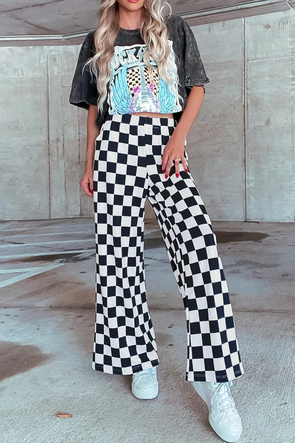 Lesore Womens Casual 2-Tone Checkered Print Pants Elastic High Waist Wide Leg Pants Lounge with Pockets