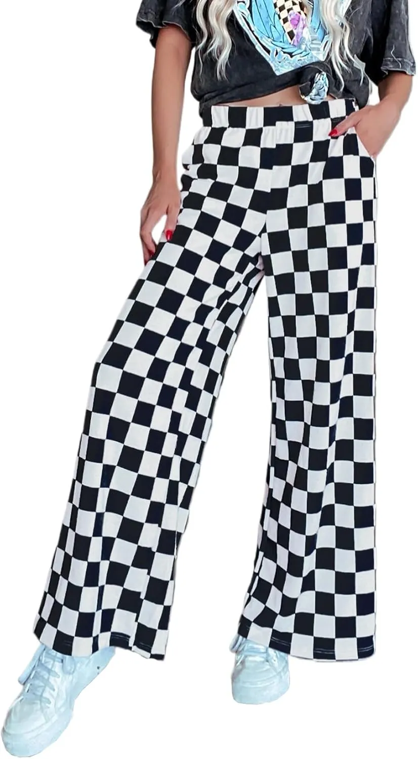 Lesore Womens Casual 2-Tone Checkered Print Pants Elastic High Waist Wide Leg Pants Lounge with Pockets