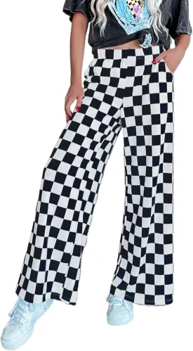 Lesore Womens Casual 2-Tone Checkered Print Pants Elastic High Waist Wide Leg Pants Lounge with Pockets
