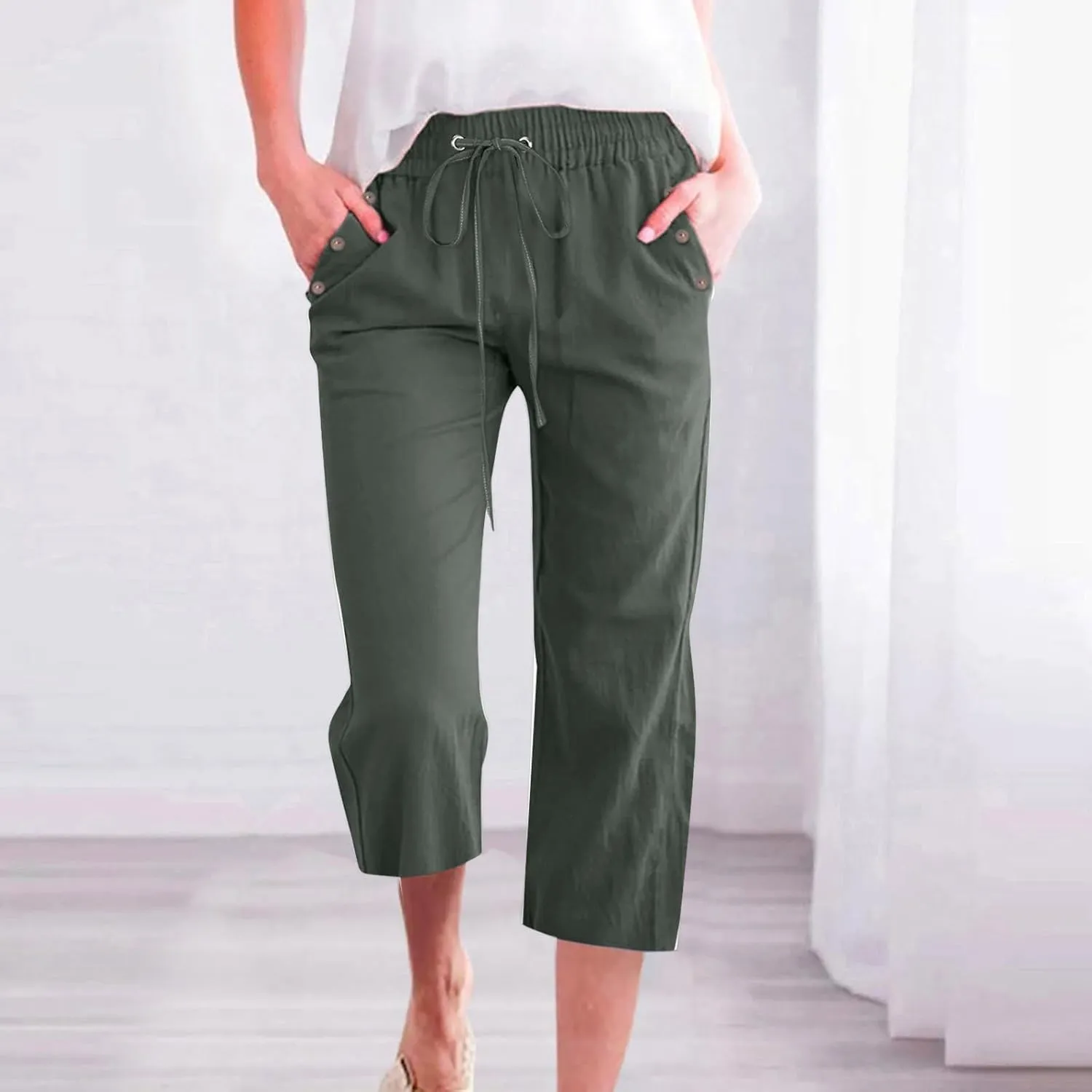 Linen Capri Pants Women Women's Loose Cotton Linen Drawstring Capris 2025 Summer Straight Wide Leg Trousers