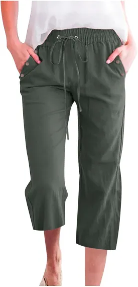 Linen Capri Pants Women Women's Loose Cotton Linen Drawstring Capris 2025 Summer Straight Wide Leg Trousers
