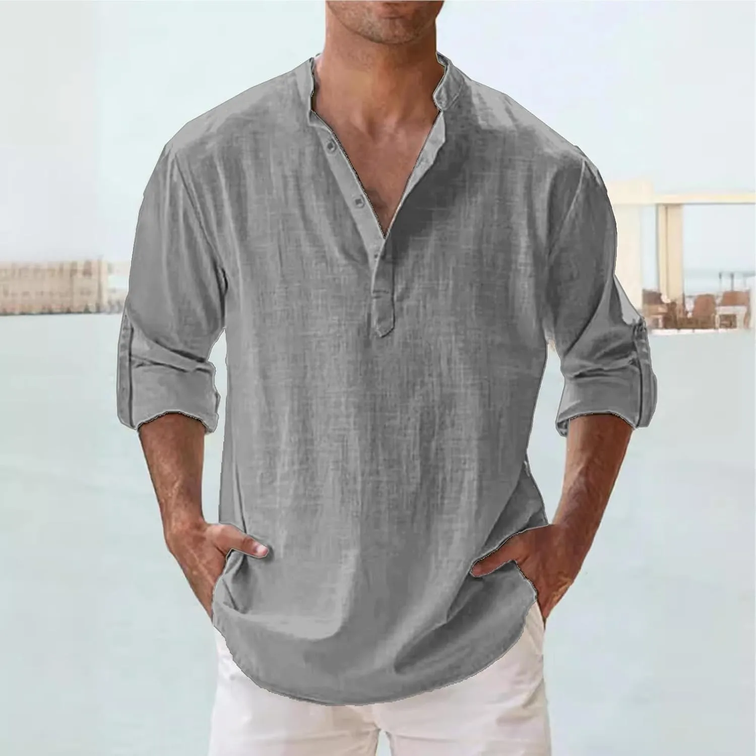 Mens Cotton Linen Shirts Solid Color Long Sleeve Pullover Shirts Button Stand Collar Beach Tops for Summer Vacation