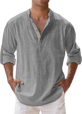 Mens Cotton Linen Shirts Solid Color Long Sleeve Pullover Shirts Button Stand Collar Beach Tops for Summer Vacation