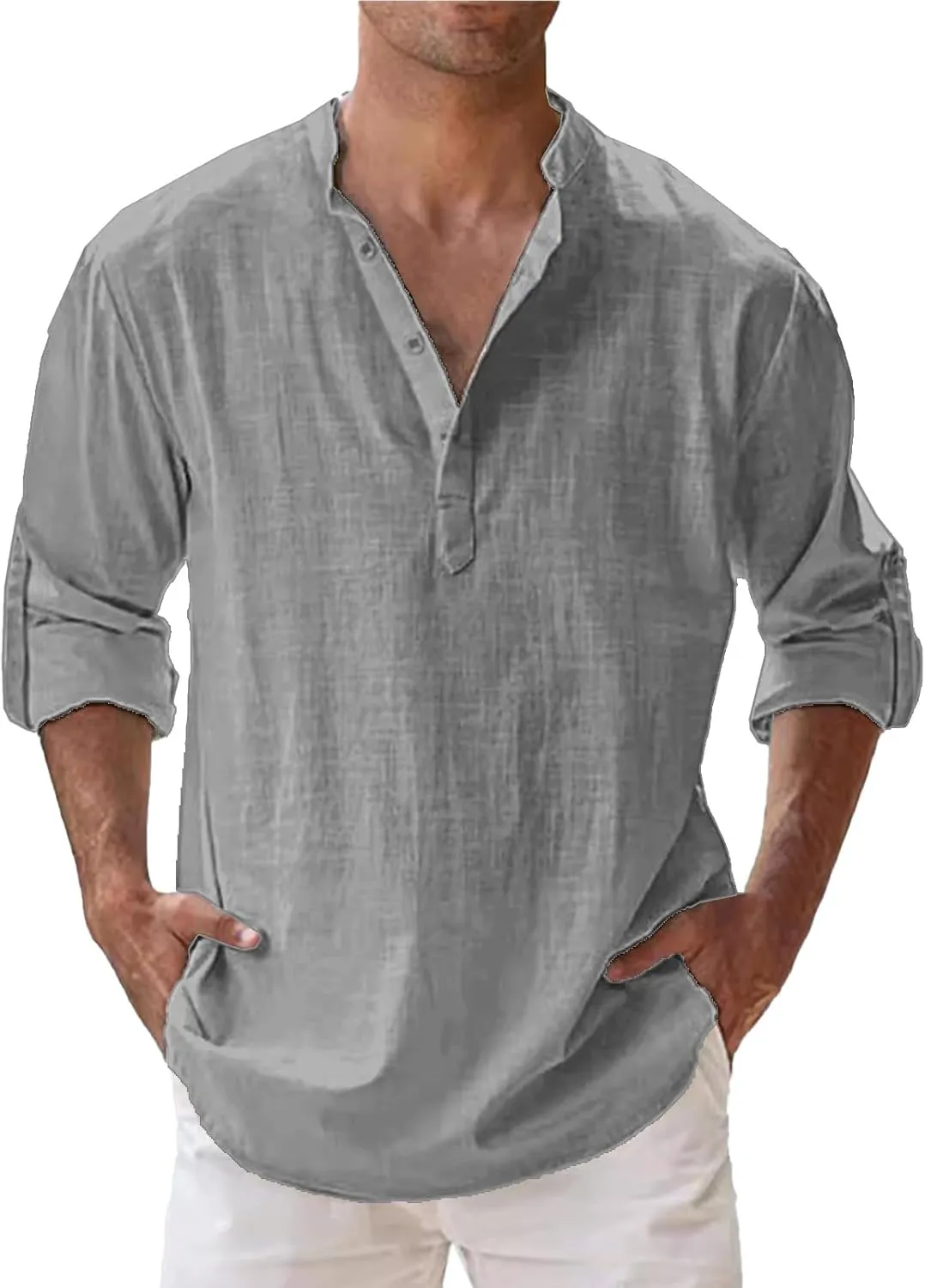 Mens Cotton Linen Shirts Solid Color Long Sleeve Pullover Shirts Button Stand Collar Beach Tops for Summer Vacation