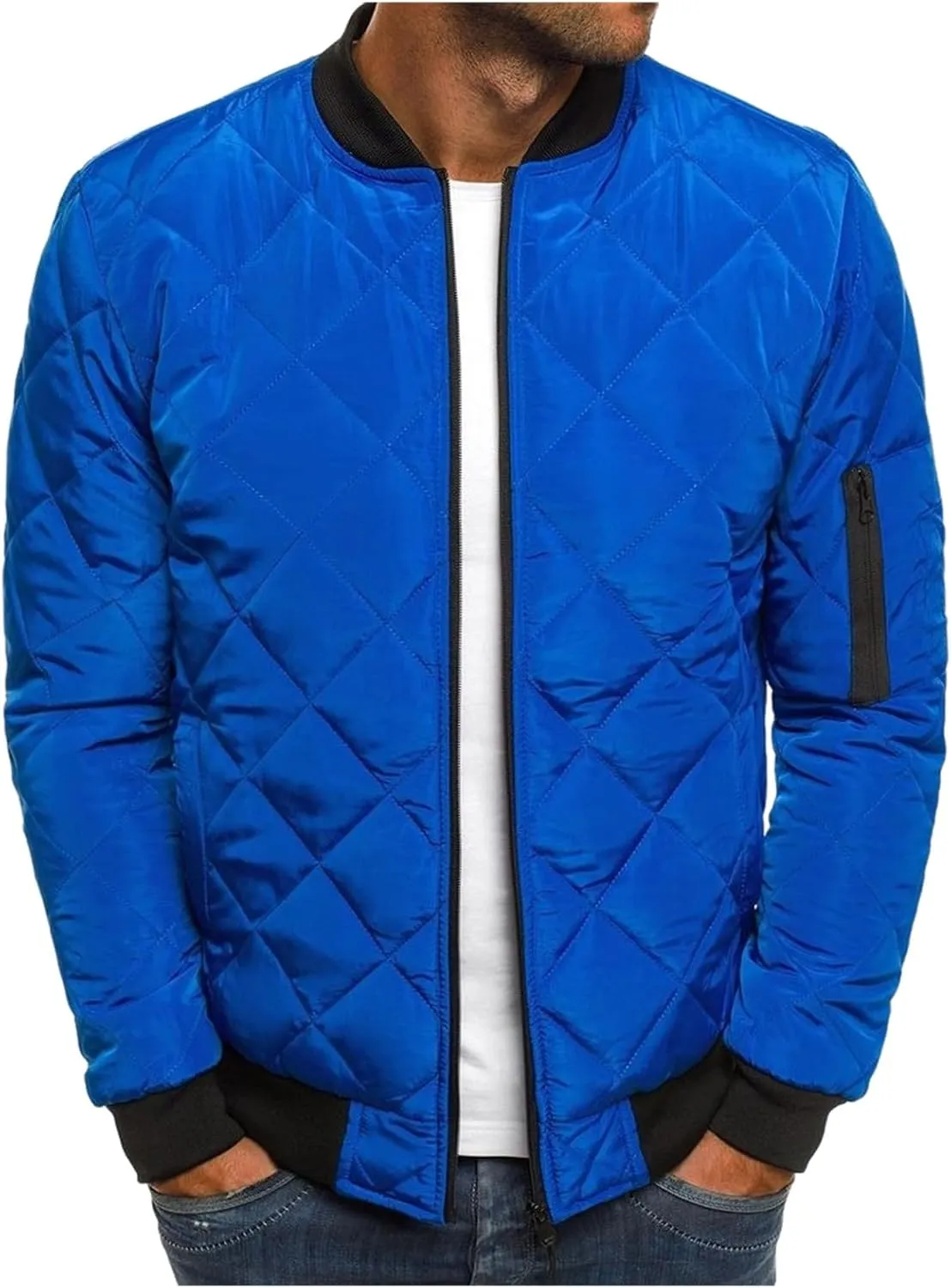 Men's Diamond Quilted Bomber Jacket Fall Winter Rib Varsity Lightweight Coat Flight Winter Warm Padded Coats for Men