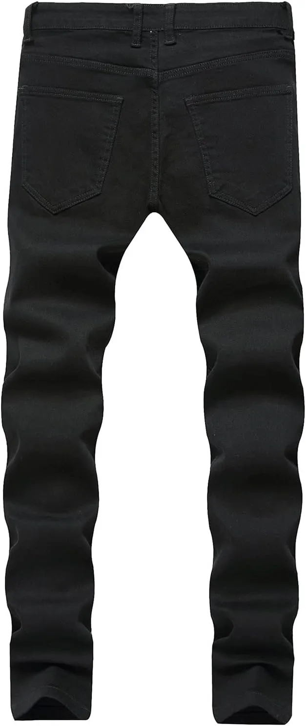 Men's Distressed Stretch Ripped Jeans Vintage Zipper Holes Hip Denim Pants Straight Skinny Fit Jeans