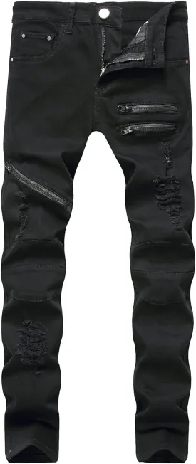 Men's Distressed Stretch Ripped Jeans Vintage Zipper Holes Hip Denim Pants Straight Skinny Fit Jeans