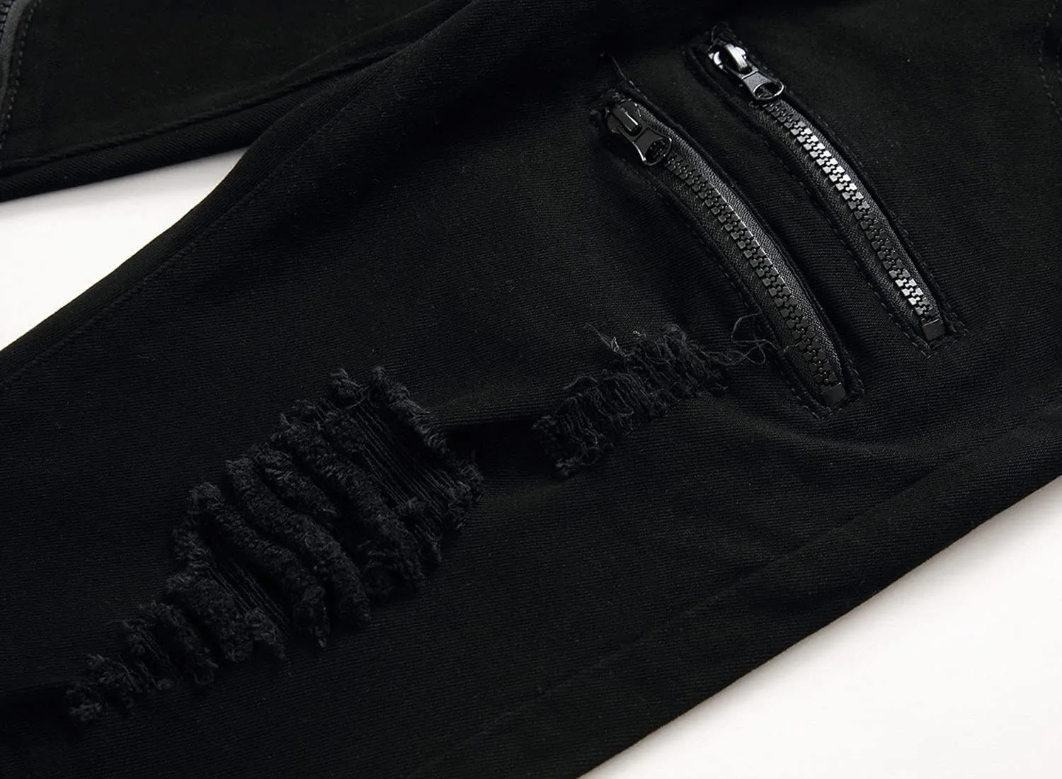 Men's Distressed Stretch Ripped Jeans Vintage Zipper Holes Hip Denim Pants Straight Skinny Fit Jeans