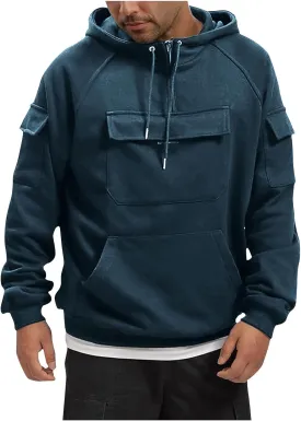 Men's Vintage Multi Pocket Hoodies Classic Casual Loose Fit Hoodies Fall Winter Soild Color Long Sleeve Sweatshirt