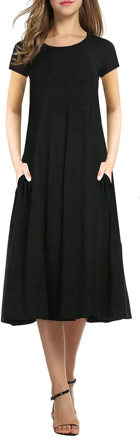 Necooer Women's Casual Loose Plain Pleated Long Dress Short Sleeve Midi Dresses