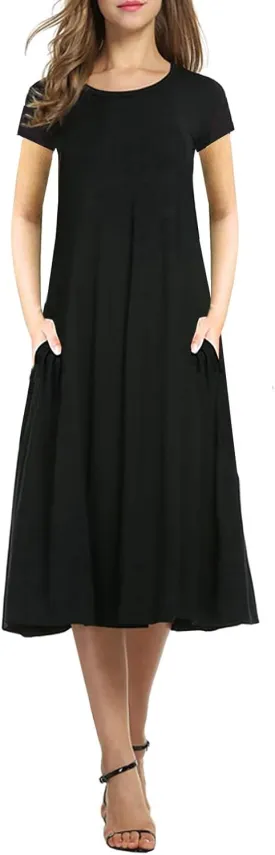 Necooer Women's Casual Loose Plain Pleated Long Dress Short Sleeve Midi Dresses