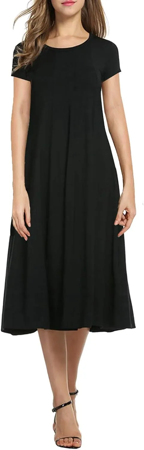Necooer Women's Casual Loose Plain Pleated Long Dress Short Sleeve Midi Dresses