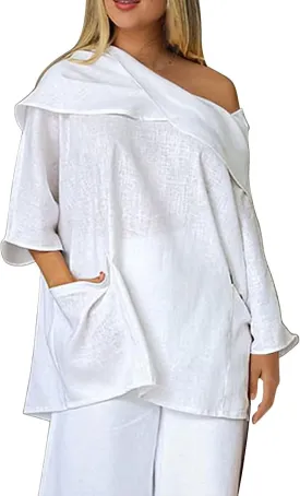 Off The Shoulder Linen Tops for Women Long Sleeve Vintage Oversized Tshirts Summer Casual Tops Blouses Beach Cover Up