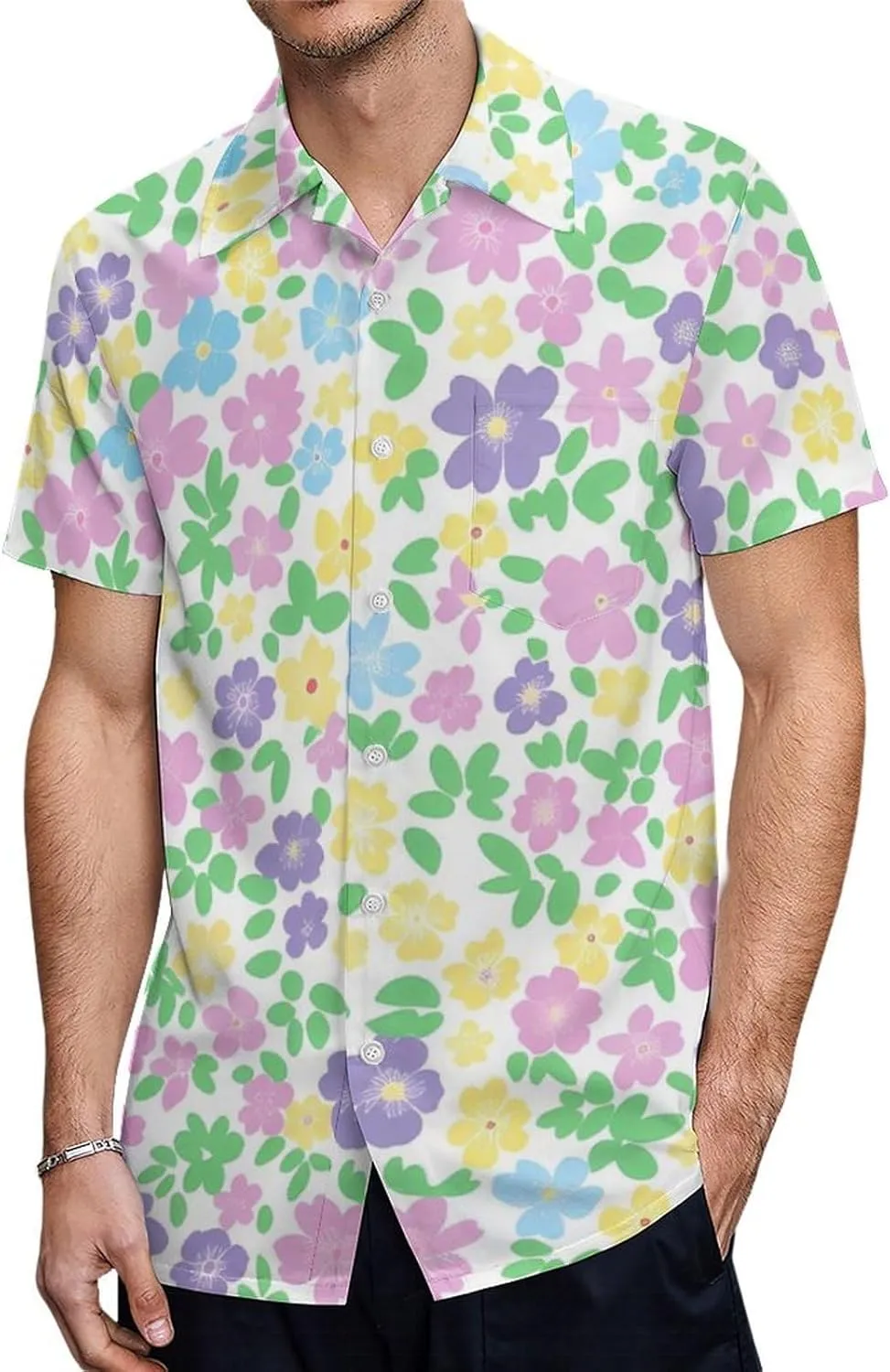 Pastel Floral Pattern Flowers Prints Men's Button Down Hawaiian Shirt Casual Loose Fit Cuban Collar Beach Shirts
