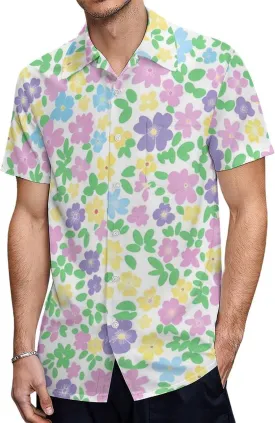 Pastel Floral Pattern Flowers Prints Men's Button Down Hawaiian Shirt Casual Loose Fit Cuban Collar Beach Shirts