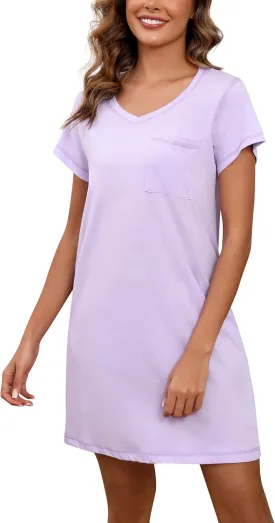 PNAEONG Womens Cotton Nightshirt Soft Nightgowns Short Sleeve Casual Pajama Dress Sleepwear with Breast Pocket S-3XL