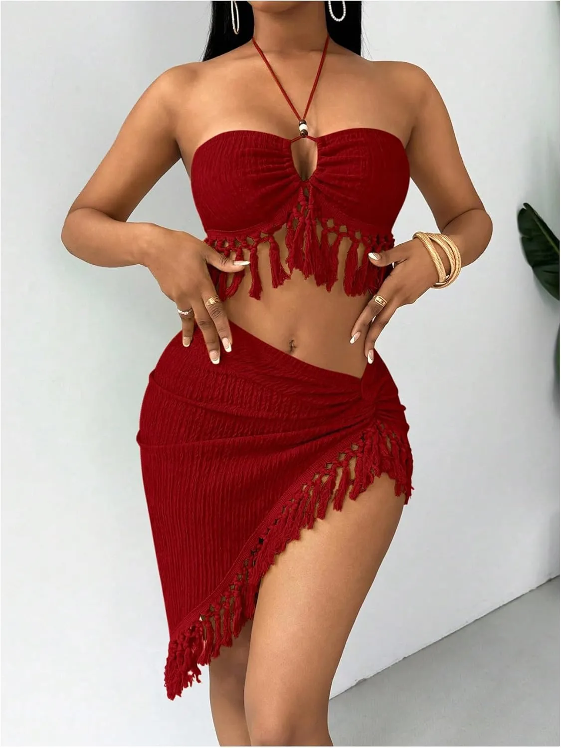 SHENHE Women's Fringe 2 Piece Vacation Outfits Halter Crop Top and Twisted Slit Skirt Set