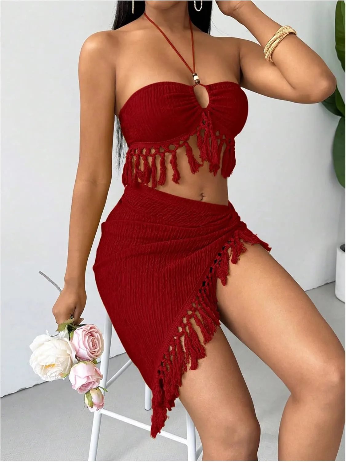SHENHE Women's Fringe 2 Piece Vacation Outfits Halter Crop Top and Twisted Slit Skirt Set
