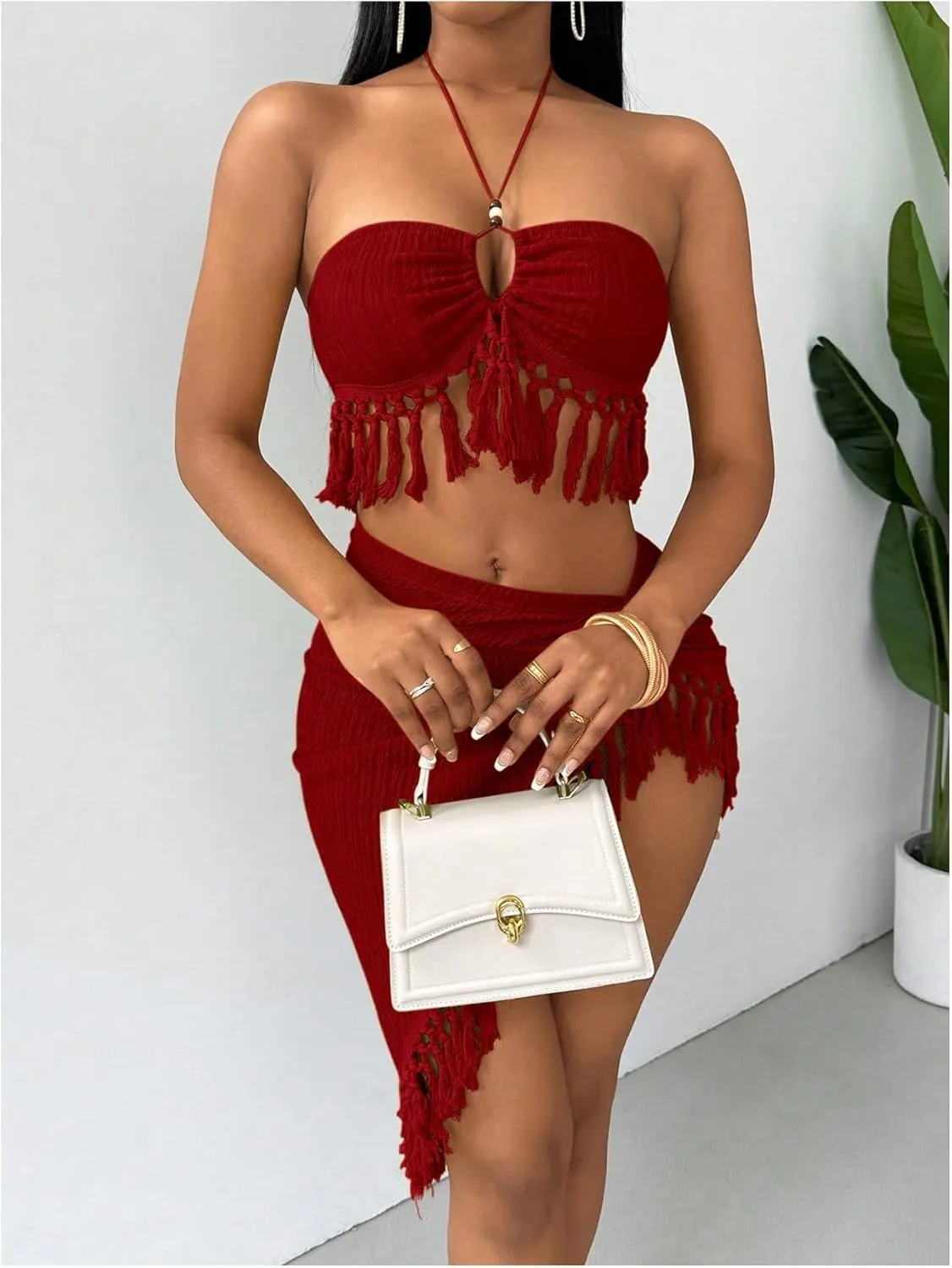 SHENHE Women's Fringe 2 Piece Vacation Outfits Halter Crop Top and Twisted Slit Skirt Set