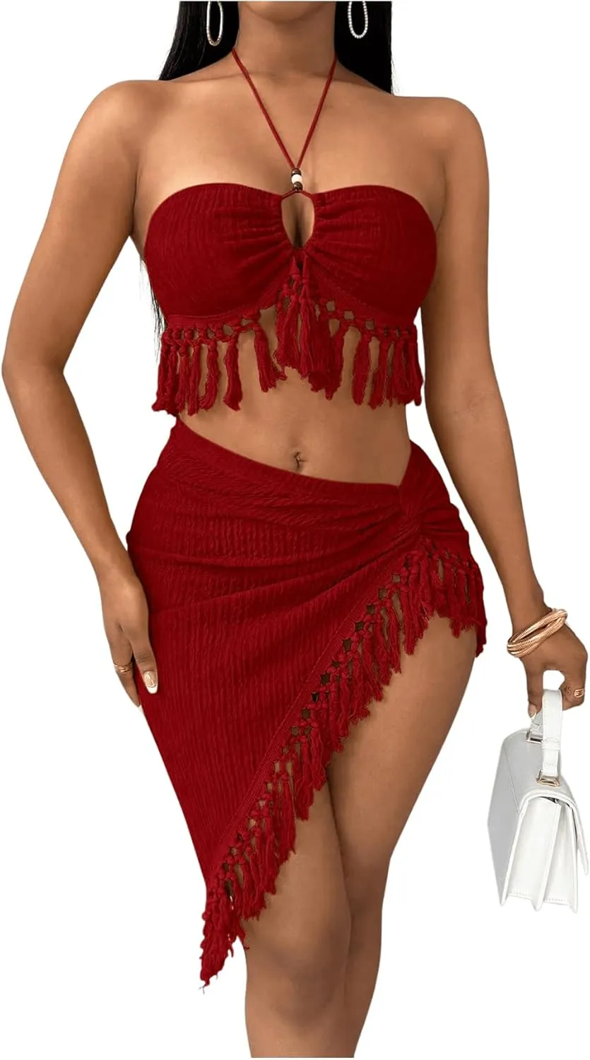 SHENHE Women's Fringe 2 Piece Vacation Outfits Halter Crop Top and Twisted Slit Skirt Set