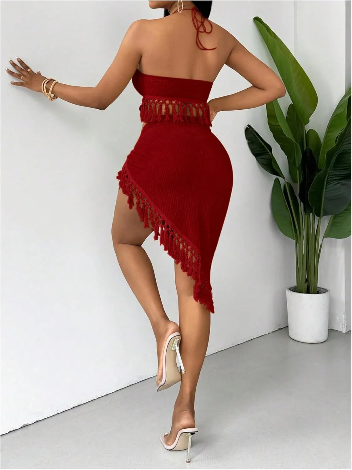 SHENHE Women's Fringe 2 Piece Vacation Outfits Halter Crop Top and Twisted Slit Skirt Set