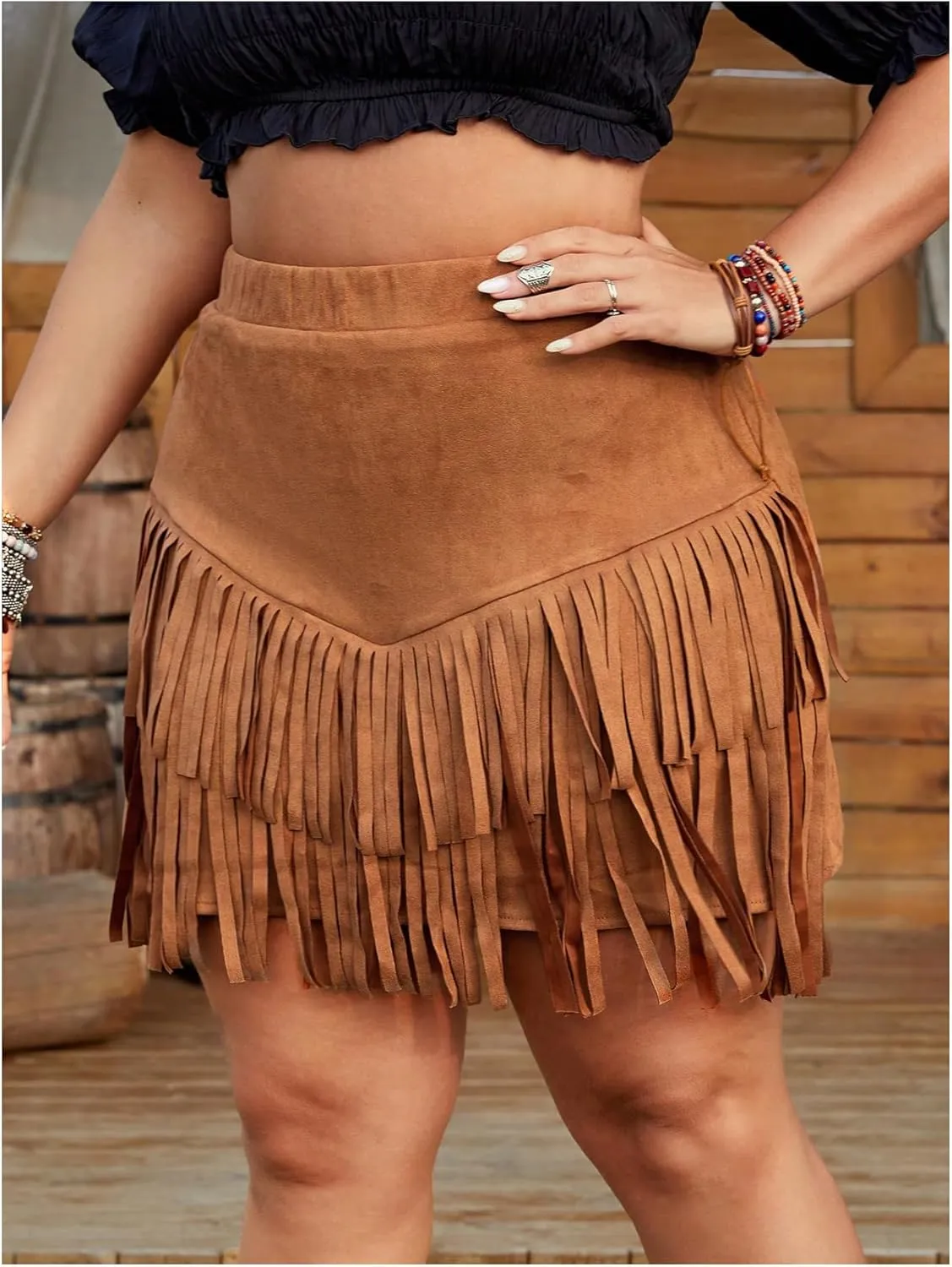 SHENHE Women's Plus Size Fringe Skirt Western Cowgirl High Waisted Country Concert 90s Tassel Short Skirt