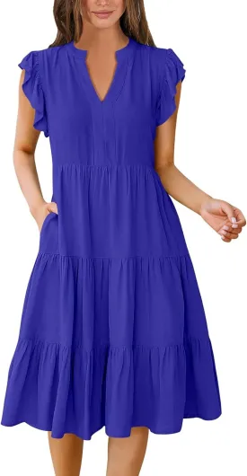 Sundresses for Women 2025 Summer Ruffle Sleeve V Neck Midi Dresses Casual Loose Fit Flowy Tiered Boho Beach Dress