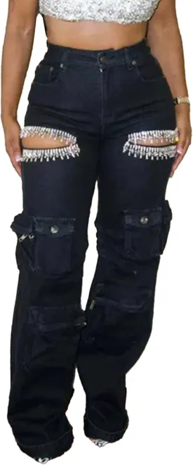 Vakkest Women's Rhinestone Cargo Jeans High Waisted Ripped Distressed Wide Leg Stretchy Denim Pants with Flap Pockets