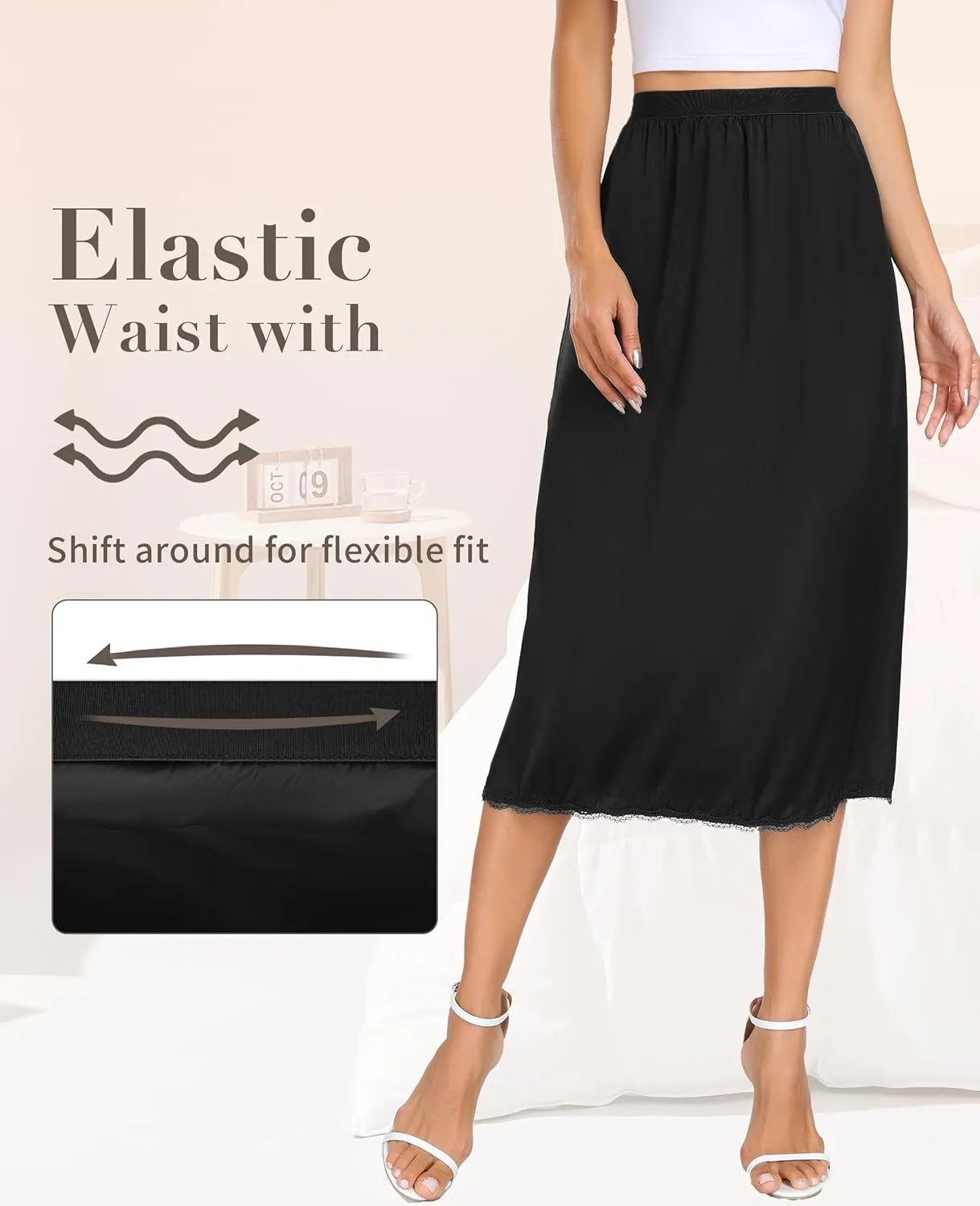Vlazom Women's Satin Half Slip for Under Dress Long Underskirt Soft Under Slips for Women Under Dresses Size S-XXL