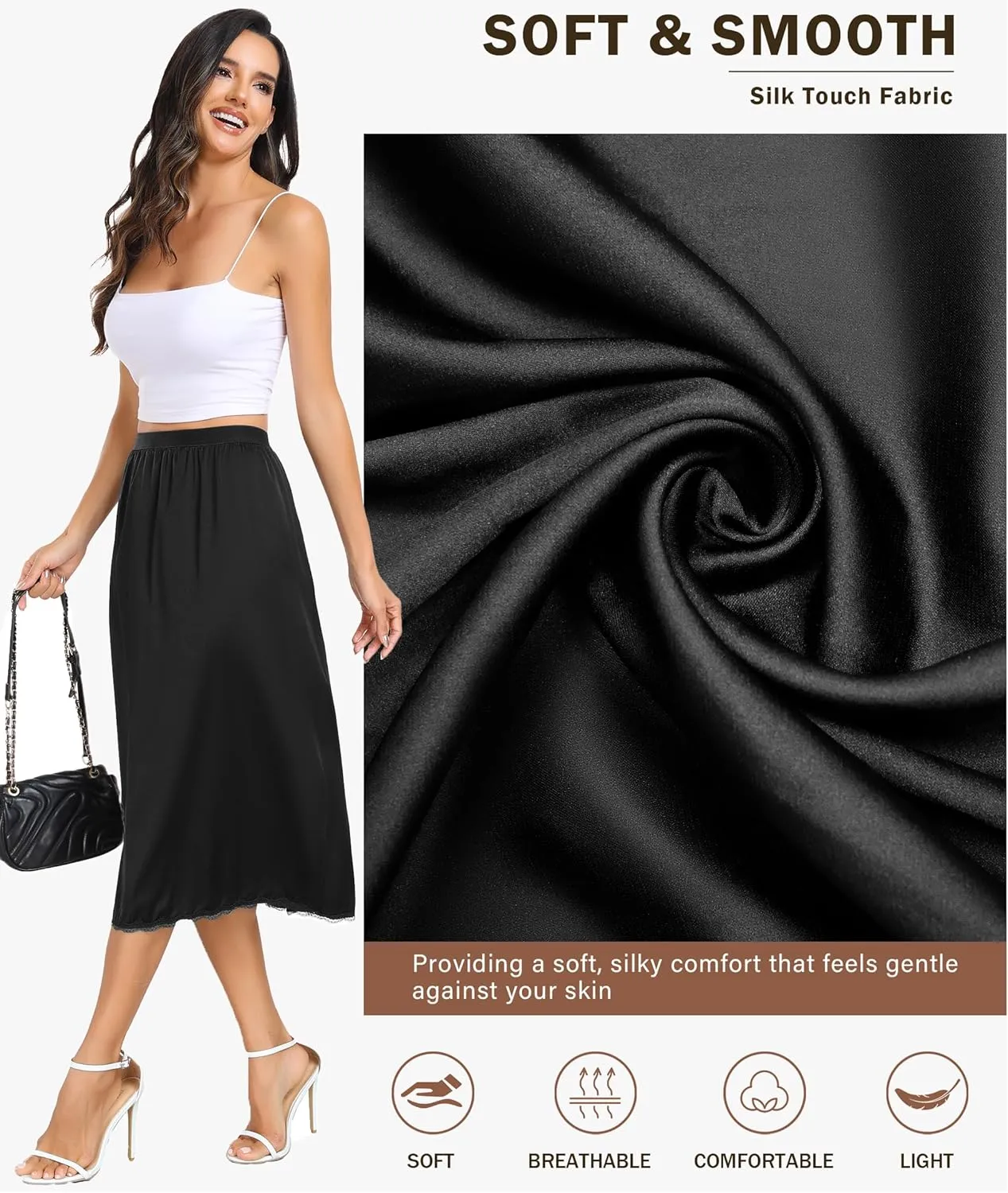 Vlazom Women's Satin Half Slip for Under Dress Long Underskirt Soft Under Slips for Women Under Dresses Size S-XXL