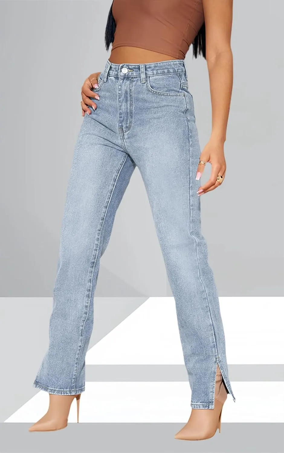 Women's Casual Straight Leg Jeans High Waist Stretchy Classic Denim Pants with Pocket
