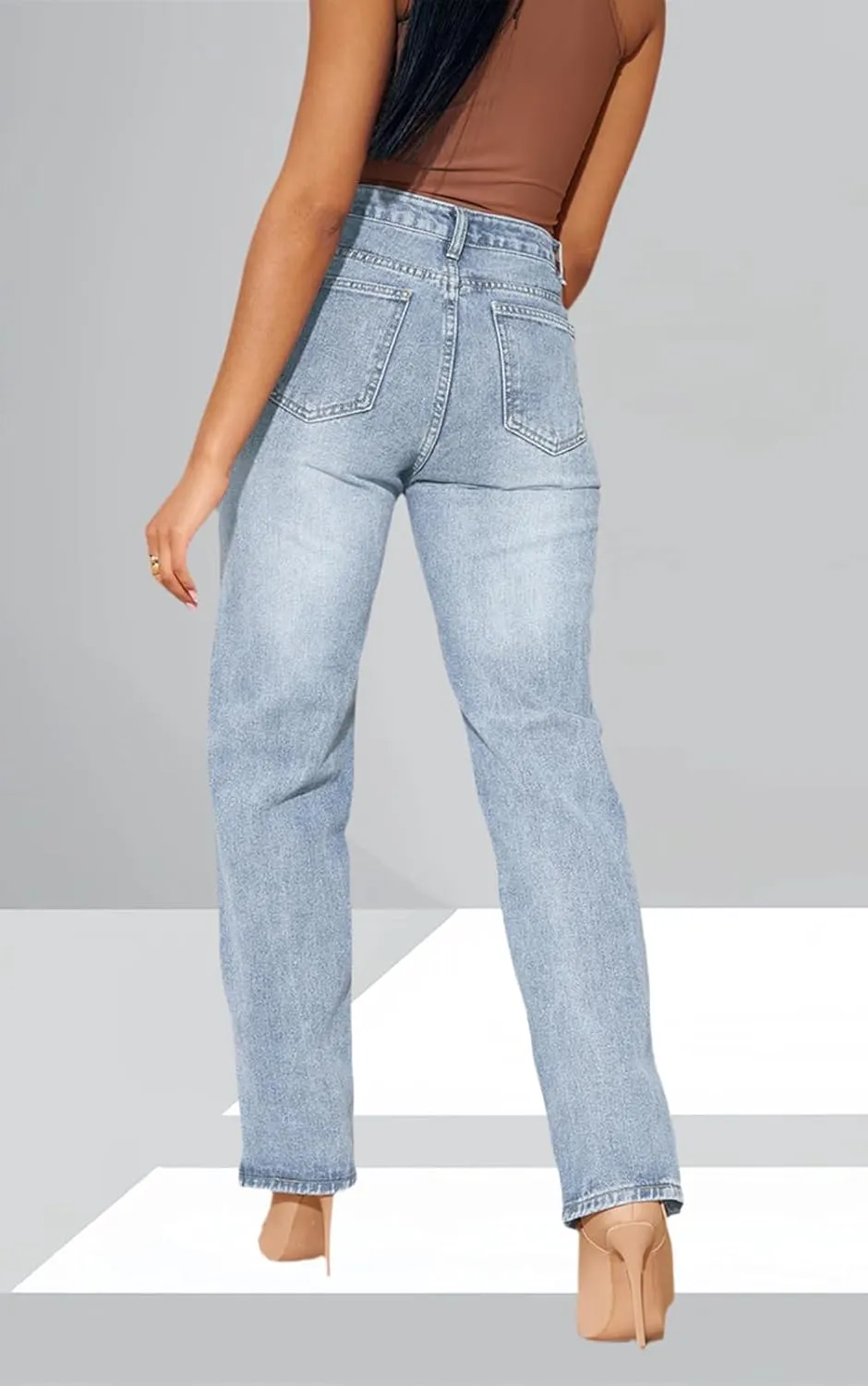 Women's Casual Straight Leg Jeans High Waist Stretchy Classic Denim Pants with Pocket