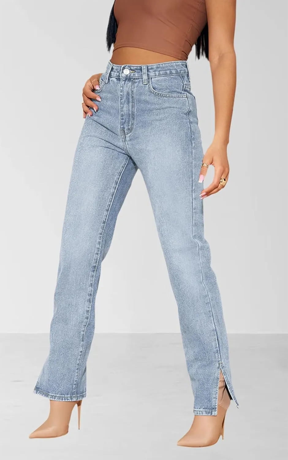 Women's Casual Straight Leg Jeans High Waist Stretchy Classic Denim Pants with Pocket