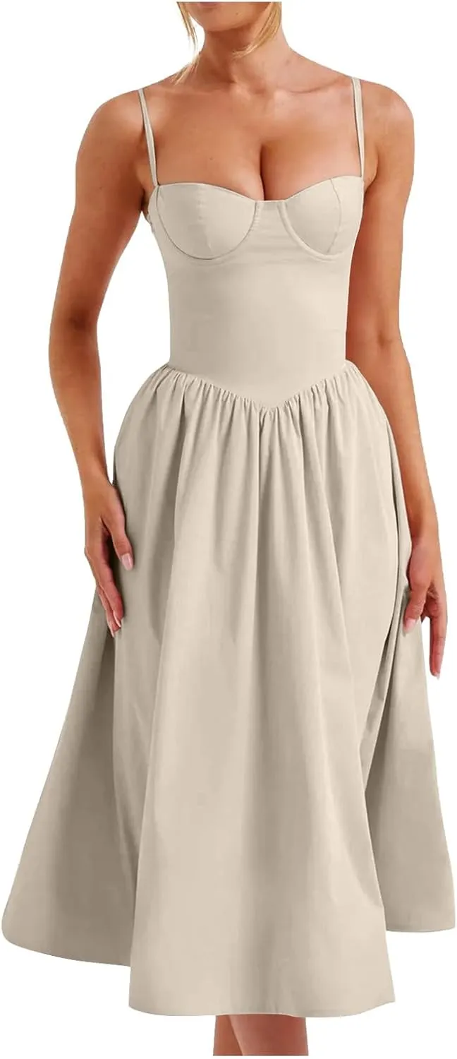 Womens Corset Dress Spaghetti Strap Bustier Midi Dress Sexy Party Dress Flowy Pleated Hem Low Cut Prom Dresses