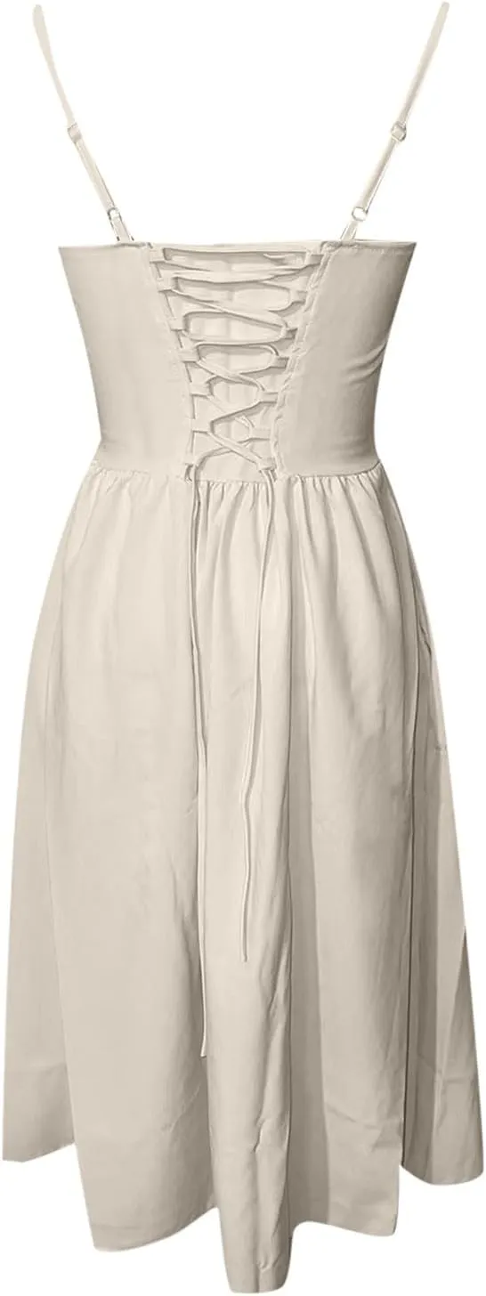 Womens Corset Dress Spaghetti Strap Bustier Midi Dress Sexy Party Dress Flowy Pleated Hem Low Cut Prom Dresses
