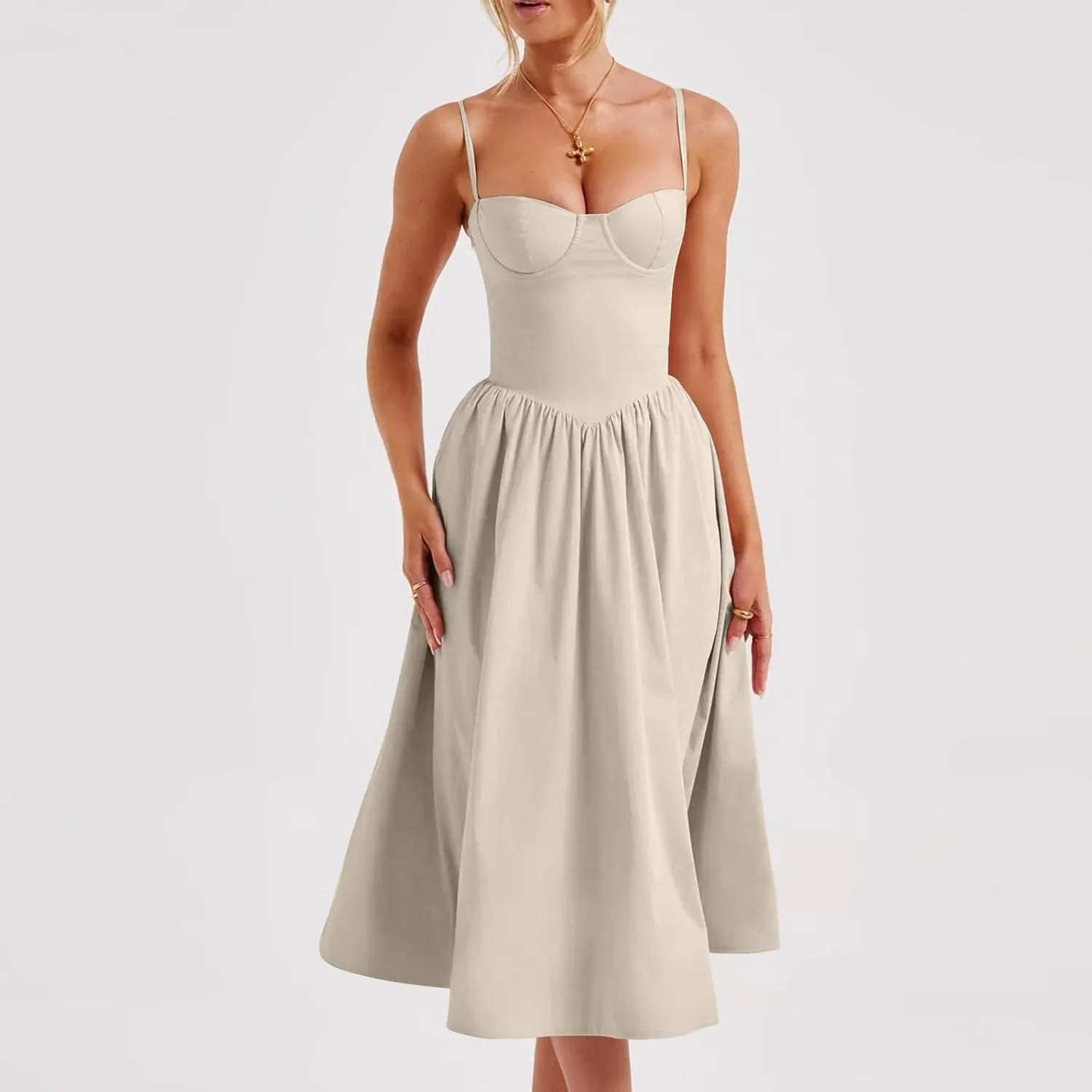 Womens Corset Dress Spaghetti Strap Bustier Midi Dress Sexy Party Dress Flowy Pleated Hem Low Cut Prom Dresses