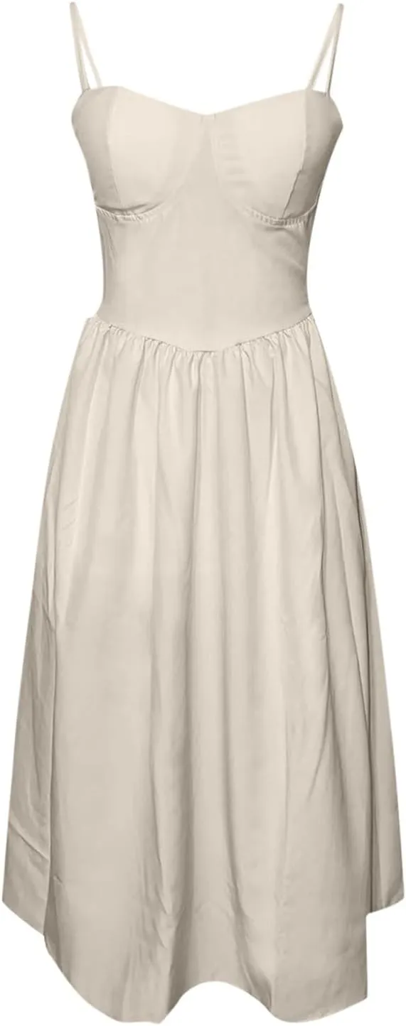 Womens Corset Dress Spaghetti Strap Bustier Midi Dress Sexy Party Dress Flowy Pleated Hem Low Cut Prom Dresses