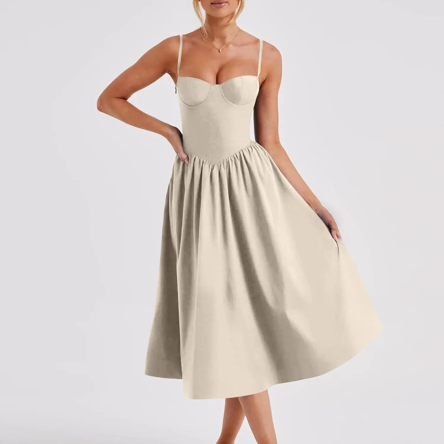 Womens Corset Dress Spaghetti Strap Bustier Midi Dress Sexy Party Dress Flowy Pleated Hem Low Cut Prom Dresses