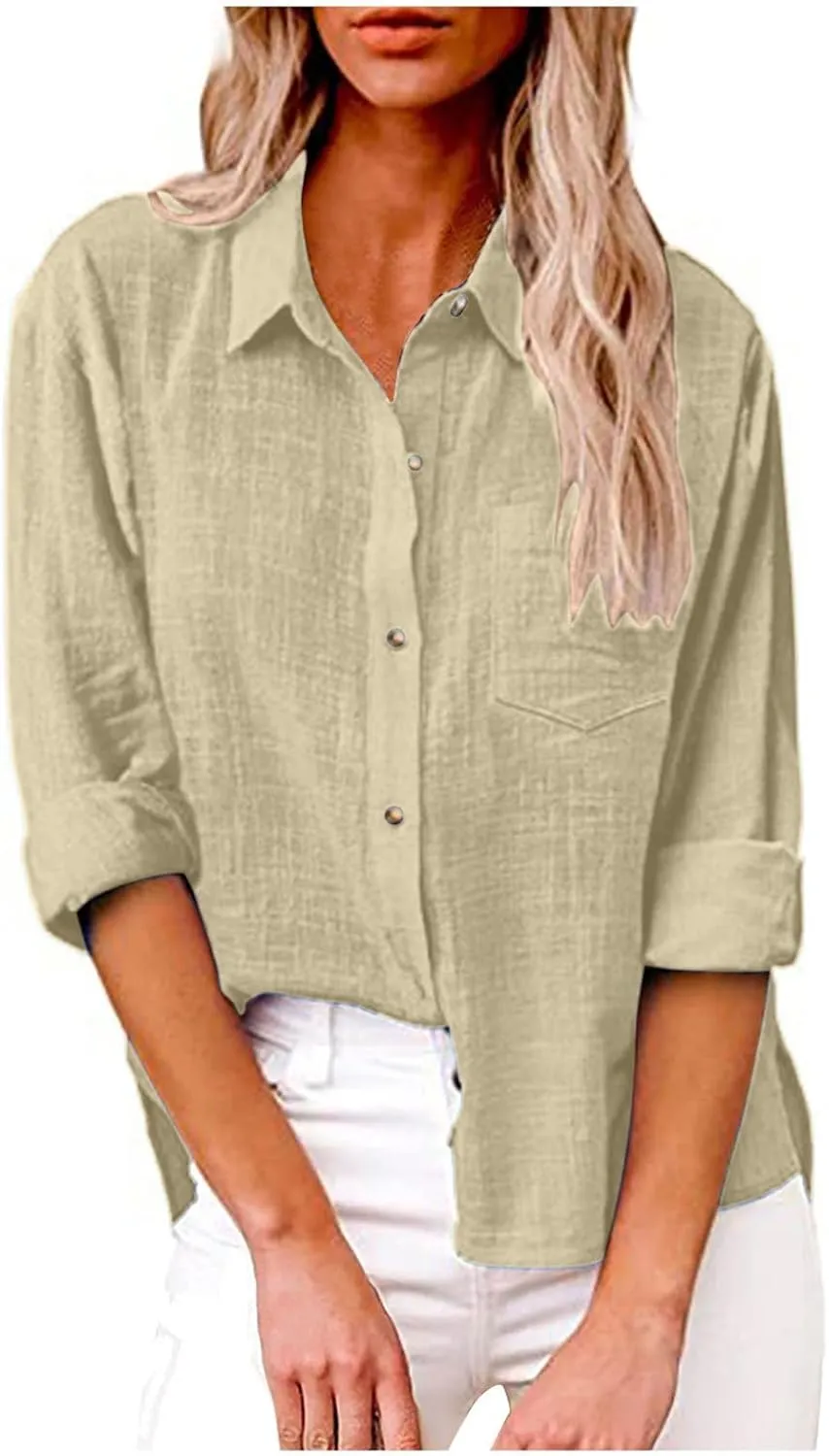 Womens Cotton Linen Button Down Shirt 2025 Summer Casual Long Sleeve Solid Color Shirts Loose Work Tops with Pockets