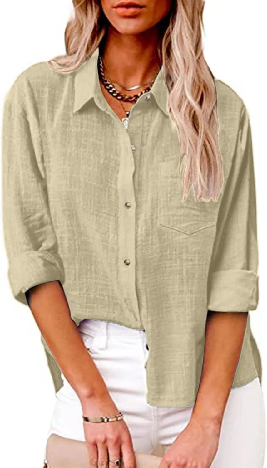 Womens Cotton Linen Button Down Shirt 2025 Summer Casual Long Sleeve Solid Color Shirts Loose Work Tops with Pockets