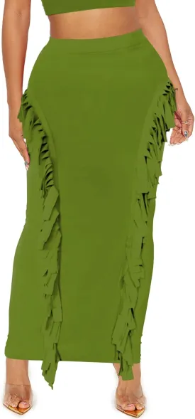 Women's Fringe Skirt Side Tassel Elastic High Waisted Pencil Long Maxi Skirts Bodycon