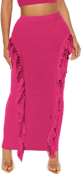 Women's Fringe Skirt Side Tassel Elastic High Waisted Pencil Long Maxi Skirts Bodycon