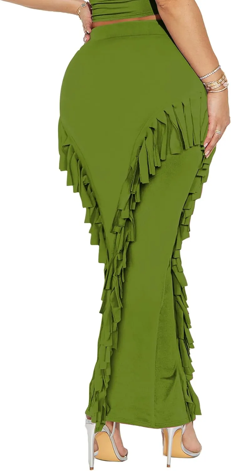 Women's Fringe Skirt Side Tassel Elastic High Waisted Pencil Long Maxi Skirts Bodycon