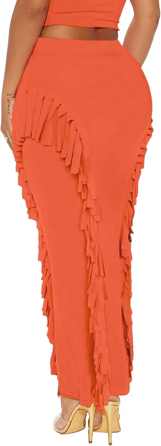 Women's Fringe Skirt Side Tassel Elastic High Waisted Pencil Long Maxi Skirts Bodycon