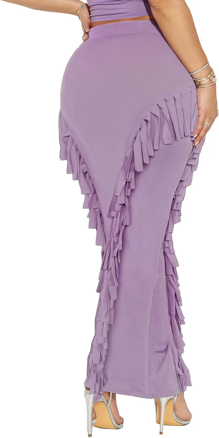 Women's Fringe Skirt Side Tassel Elastic High Waisted Pencil Long Maxi Skirts Bodycon