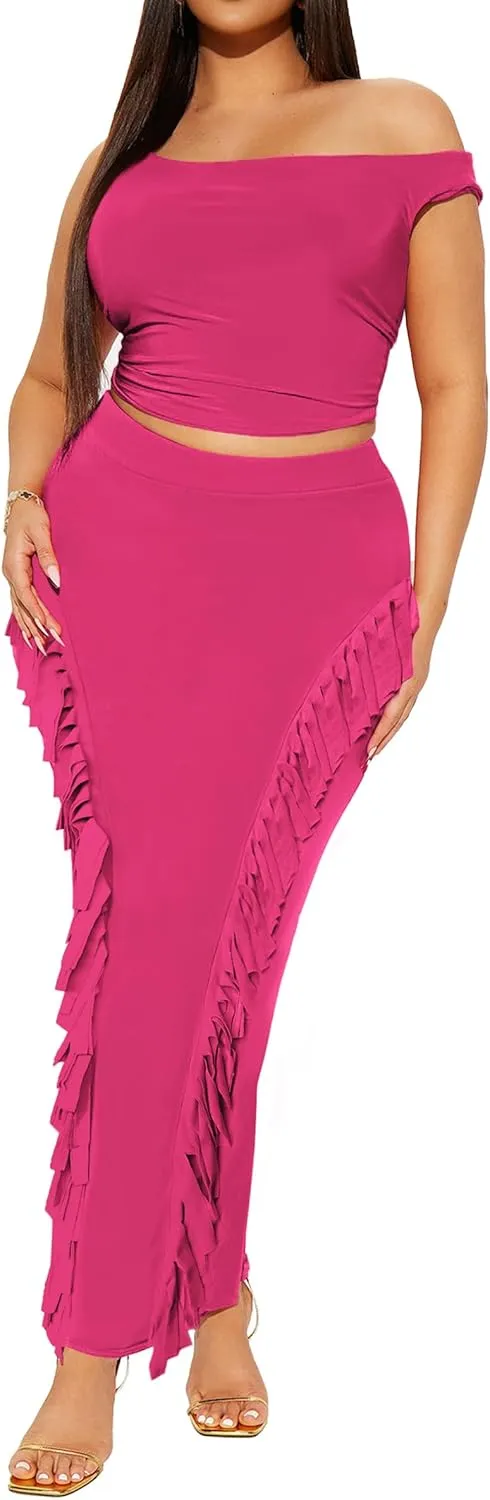 Women's Fringe Skirt Side Tassel Elastic High Waisted Pencil Long Maxi Skirts Bodycon