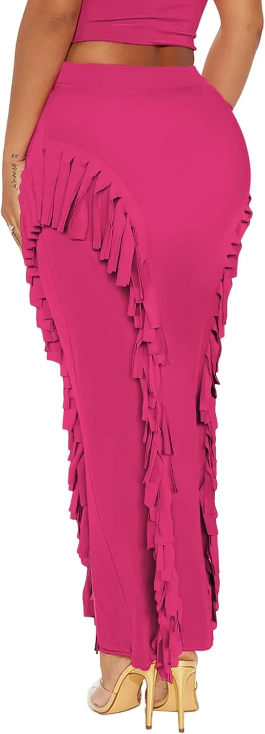 Women's Fringe Skirt Side Tassel Elastic High Waisted Pencil Long Maxi Skirts Bodycon