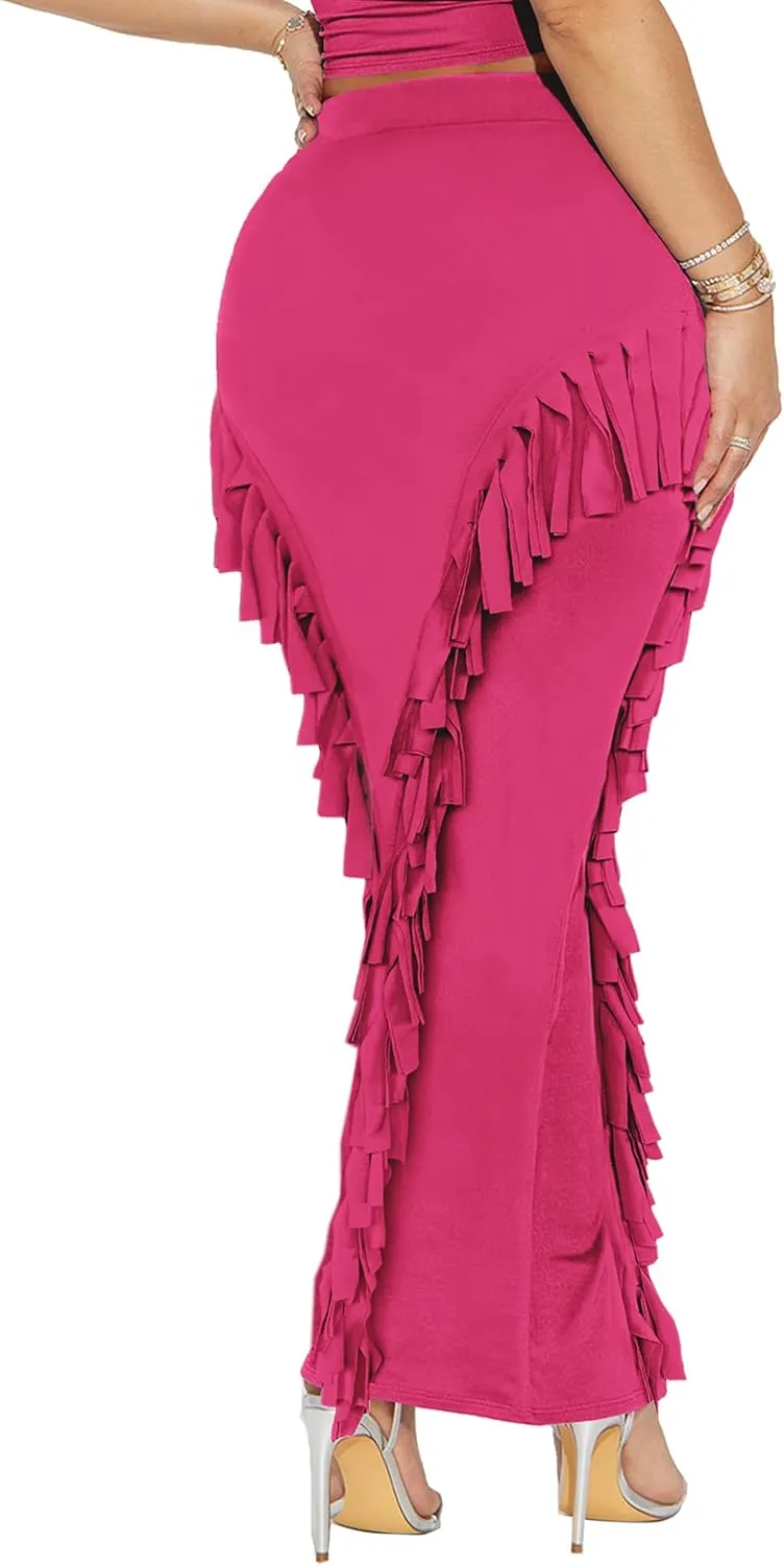Women's Fringe Skirt Side Tassel Elastic High Waisted Pencil Long Maxi Skirts Bodycon